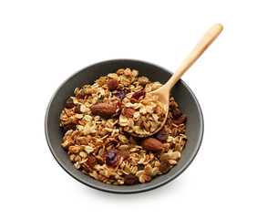 Tasty granola with nuts and raisins isolated on white