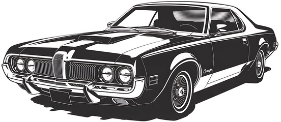 Classic 1967 mercury cougar coupe detailed front quarter view black and white rendering