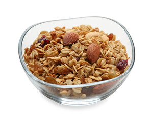 Tasty granola with nuts and raisins isolated on white