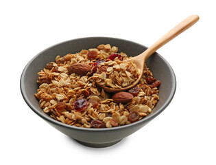 Tasty granola with nuts and raisins isolated on white