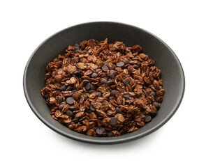 Tasty granola with chocolate chips isolated on white