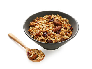Tasty granola with nuts and raisins isolated on white