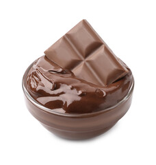 Bowl with melted chocolate and piece of bar isolated on white