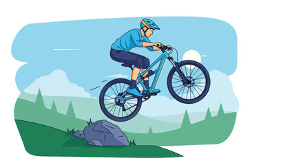 Naklejka premium Energetic Mountain Biker Jumping Over Rock on Scenic Trail, Perfect for Outdoor Adventure Campaigns and Fitness Promotion.