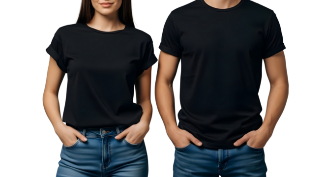 Couple Wearing Black TShirts and Blue Jeans.