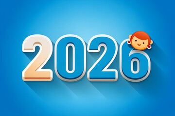 Cute monkey peeking over the number 2026 on a blue background