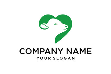 Green Calf Head and Heart Logo Design Concept for Dairy or Animal Care