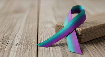 A teal and purple ribbon rests on a weathered wooden surface, symbolizing support for suicide prevention and mental health awareness