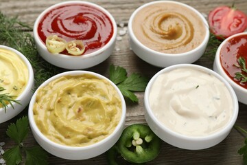 Different sauces and herbs on wooden table, closeup