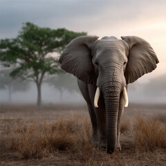 Fototapeta premium Majestic elephant standing on dry grassland with large tusks, tree in background, misty morning atmosphere, calm and powerful