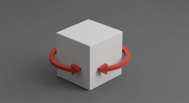 White cube surrounded by red arrows on gray background, conceptual graphic