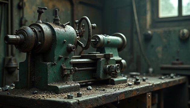 Old metal lathe machine rests on workshop bench covered in dust, grease. Antique industrial equipment shows signs of age with rust, dirt. Close-up view highlights vintage mechanical parts, rough