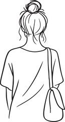 elegant depiction of a woman viewed from behind, her messy bun and shoulder bag captured with flowing, expressive lines