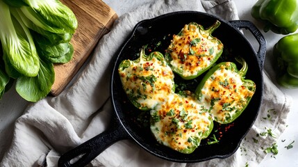 Stuffed Bell Peppers with Cheese and Herb Topping in Cast Iron Skillet