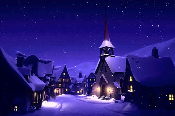 Fototapeta premium Peaceful snowy village on Christmas night with cozy warm windows, atmospheric winter landscape and festive holiday mood.