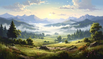A serene panoramic painting depicting a sunlit meadow in a mountain valley, with a winding river and lush trees