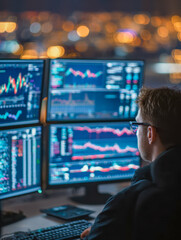 Obraz premium Focused young analyst working late at night monitoring multiple financial data charts and stock market trends displayed on several computer screens