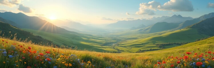 Fototapeta premium Scenic view of green hills with sunset light and flowers. Summer meadow with mountain background. landscape in soft light. Wildflowers bloom in field with grassy hills and mountains in distance.
