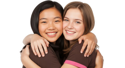 Two young women hugging and smiling isolated on transparent background