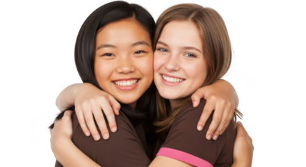 Two young women hugging and smiling isolated on transparent background