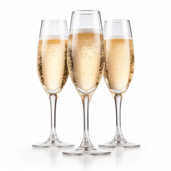 Three champagne glasses isolated on white background