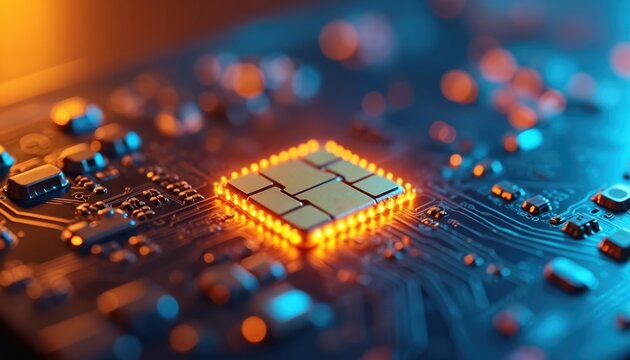 Macro photo of glowing computer chip. Tech components details close up. Digital data processing or AI core. Abstract tech background. Computer hardware parts. Tech concept illustration