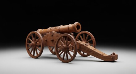 Fototapeta premium Wooden model cannon on display, with intricate carvings and a neutral backdrop