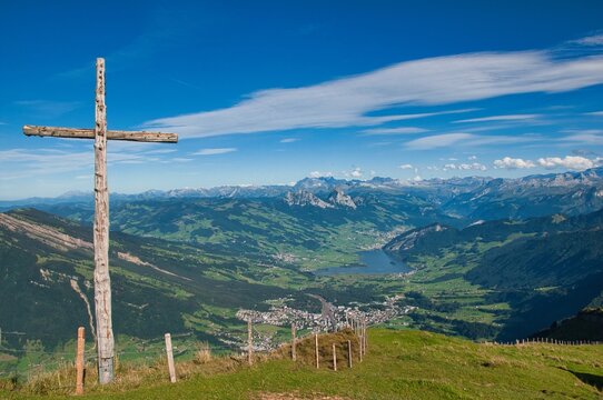 Large wooden Crucifix in a remote mountain landscape, Mt Rigi, Switzerland
