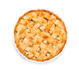 Delicious homemade apple pie isolated on white, top view