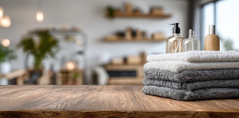 Obraz premium blurred bathroom interior with a wooden table and white towels for product display montage or copy space background. blurred spa center in a modern design style, close-up.