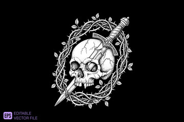 Skull with Dagger and Thorns Tattoo Design.