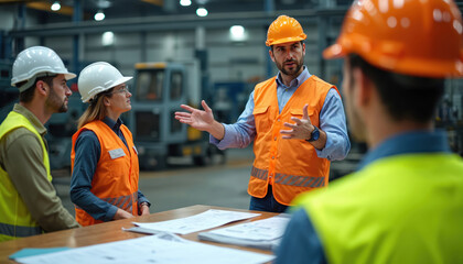 Group of workers receive safety instruction in industrial setting. Experienced trainer explains procedures to new employees using manuals, blueprints. Focus on workplace security, training protocols