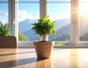 A small potted plant sits on a wooden surface in front of a bright window with a view of mountains under sunlight