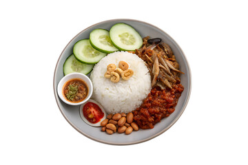 Delicious asian rice dish with chicken cucumber and chili sauce isolated on transparent background