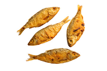 Four golden fried whole fish arranged artfully isolated on transparent background