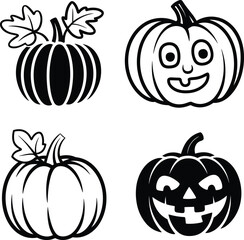 Black and white pumpkin and jack o lantern illustration set, halloween vegetable icons collection, cute spooky face design vector