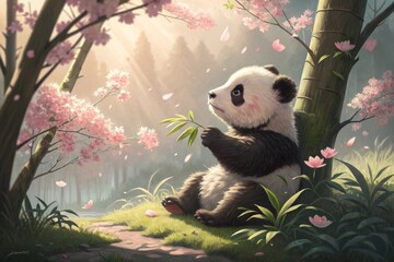 Obraz premium Baby panda cub sitting amongst blooming cherry blossoms