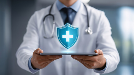 Doctor presenting digital health coverage solutions in a modern office environment