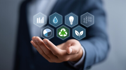 Engineer promoting sustainability symbols urban office infographic professional setting close-up environmental awareness