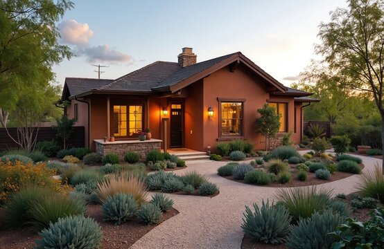 Craftsman style house with burnt sienna exterior. Xeriscaped yard features native plants and decomposed granite paths. Water-wise landscaping surrounds the tranquil residence at twilight.