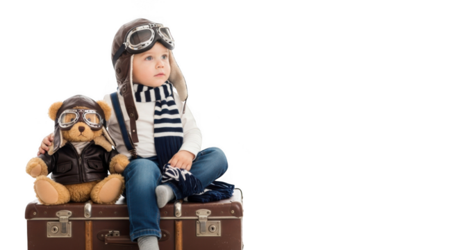 Child in pilot costume with teddy bear on suitcase isolated on transparent background - Powered by Adobe
