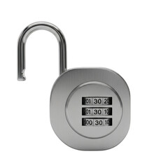 Unlocked combination padlock isolated on transparent background
