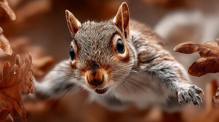 Obraz premium Squirrel jumping through autumn leaves high resolution photo