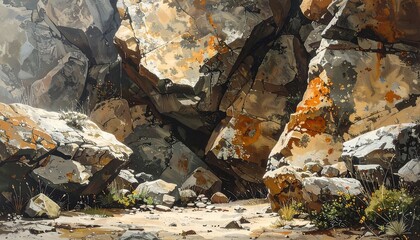 A sunlit scene of a rock formation revealing a path and sparse vegetation