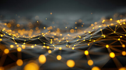 Dynamic illuminated network of interconnected glowing nodes and lines creating an abstract digital landscape with golden points on a dark blurred background