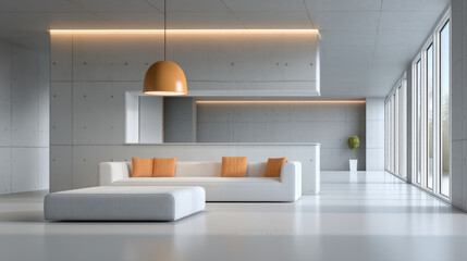Modern minimalist living room with white sofa, orange cushions, pendant lamp, large windows, and concrete walls, creating bright atmosphere