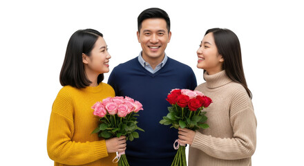 Man with two women holding roses isolated on transparent background