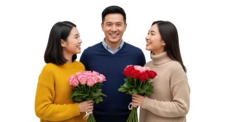 Man with two women holding roses isolated on transparent background