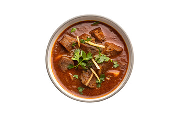Delicious indian beef curry dish garnished with fresh cilantro and ginger isolated on transparent background
