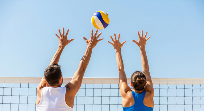Two beach volleyball players jumping to block a ball over the net against a clear blue sky